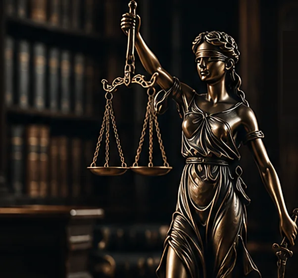 Bronze statue of Justice holding scales in front of a law library